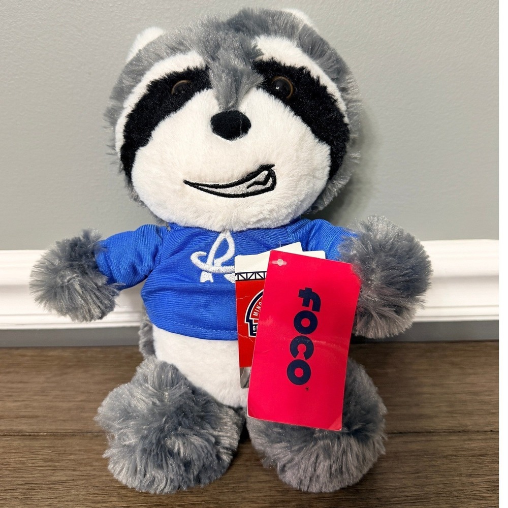 FOCO Raccoon Plush Toy Blue Shirt Mascot Stuffed Animal Gray Soft Plushie NWT